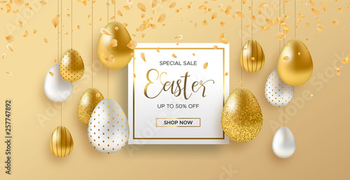 Spring Easter web sale banner with gold luxury egg