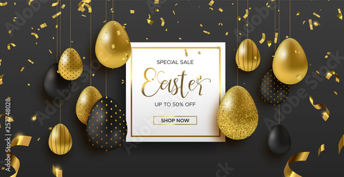 Spring Easter web sale banner with gold luxury egg