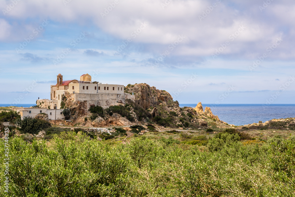 Chrisoskalitissa Monastery or Panagia Chryssoskalitissa located on the southwest coast of Crete, Greece.