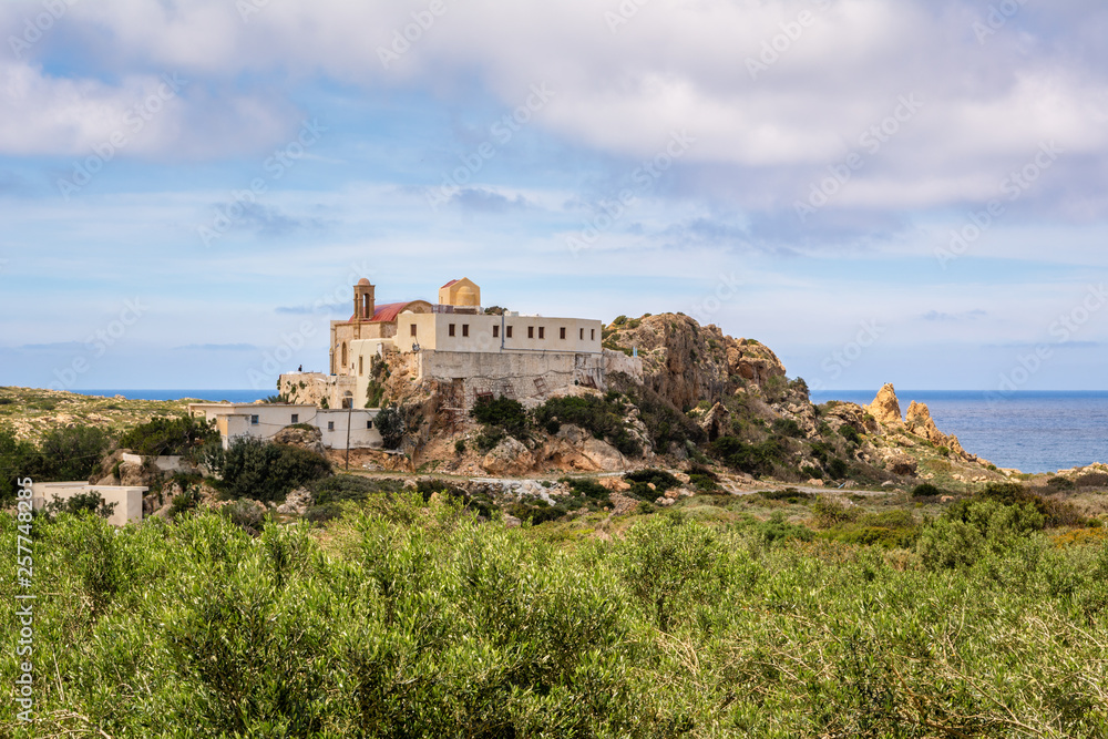 Chrisoskalitissa Monastery or Panagia Chryssoskalitissa located on the southwest coast of Crete, Greece.