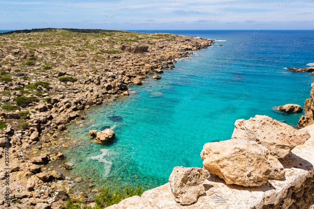 A view of Libyan Sea from Chrisoskalitissa Monastery built on a rocky hill. Southwest coast of Crete, Greece.