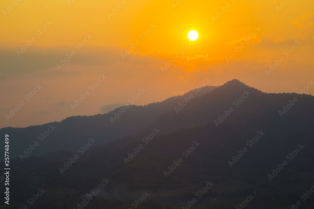 Sunrise on mountain landscape morning with fog Sunrise on mountain landscape morning with fog