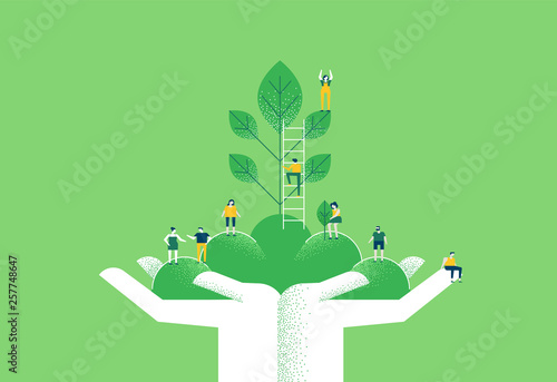 Murais de parede Hands with green plant and people for nature help