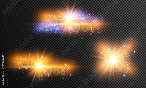 Vector illustration of abstract flare light rays. A set of stars, light and radiance, rays and brightness. Glow light effect. Vector illustration. Christmas flash Concept