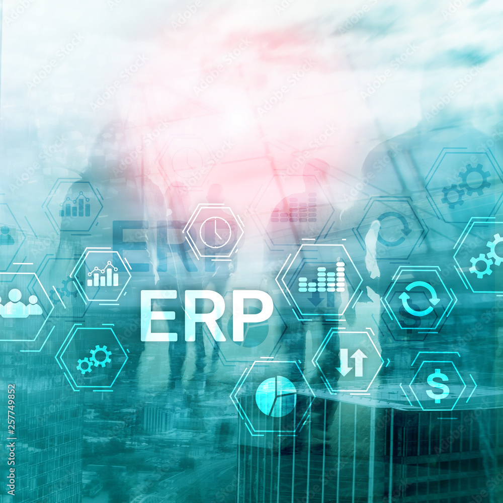 Fototapeta premium ERP system, Enterprise resource planning on blurred background. Business automation and innovation concept.