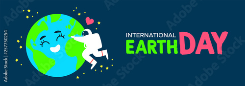 Earth Day banner of astronaut hugging planet