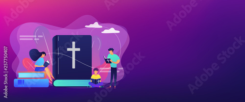 Tiny people christians reading the Holy Bible and learning about Christ. Holy Bible, sacred holy book, the word of God concept. Header or footer banner template with copy space.