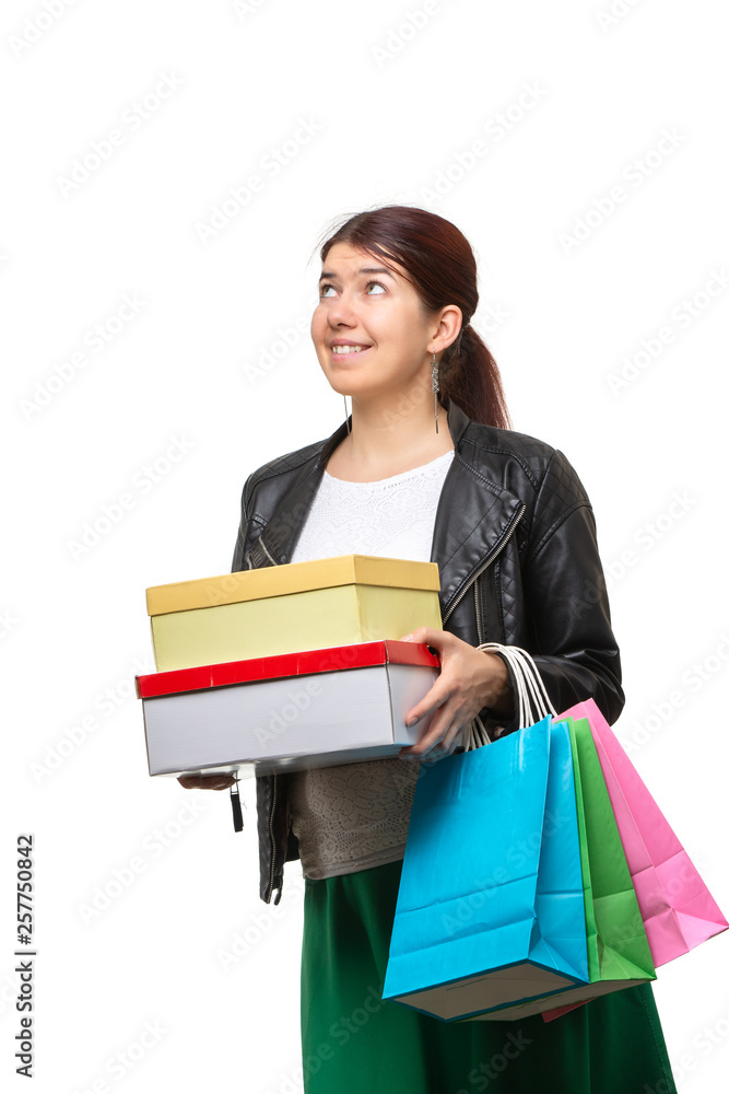 Happy young woman with shopping bags and boxes Happy young woman with shopping bags and boxes