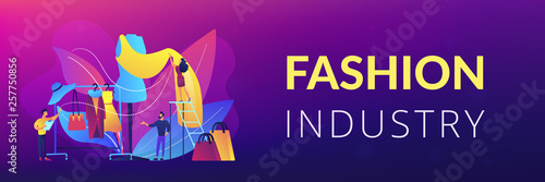 Designer team working on new clothes collection and piece of cloth on mannequin. Fashion industry, clothing style market, fashion business concept. Header or footer banner template with copy space.