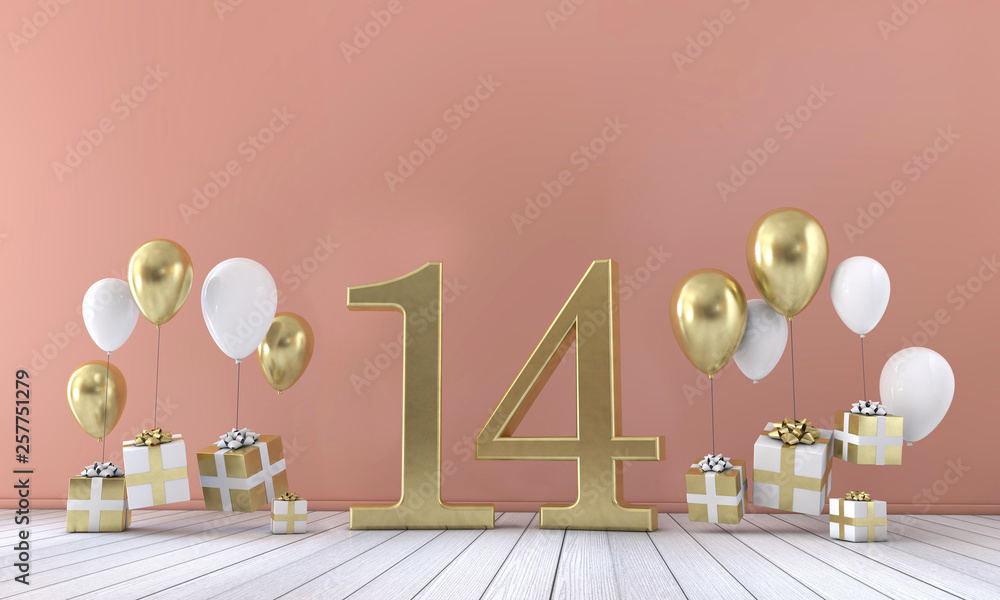 Number 14 birthday party composition with balloons and gift boxes. 3D Rendering - obrazy, fototapety, plakaty 