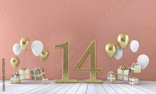 Number 14 birthday party composition with balloons and gift boxes. 3D Rendering