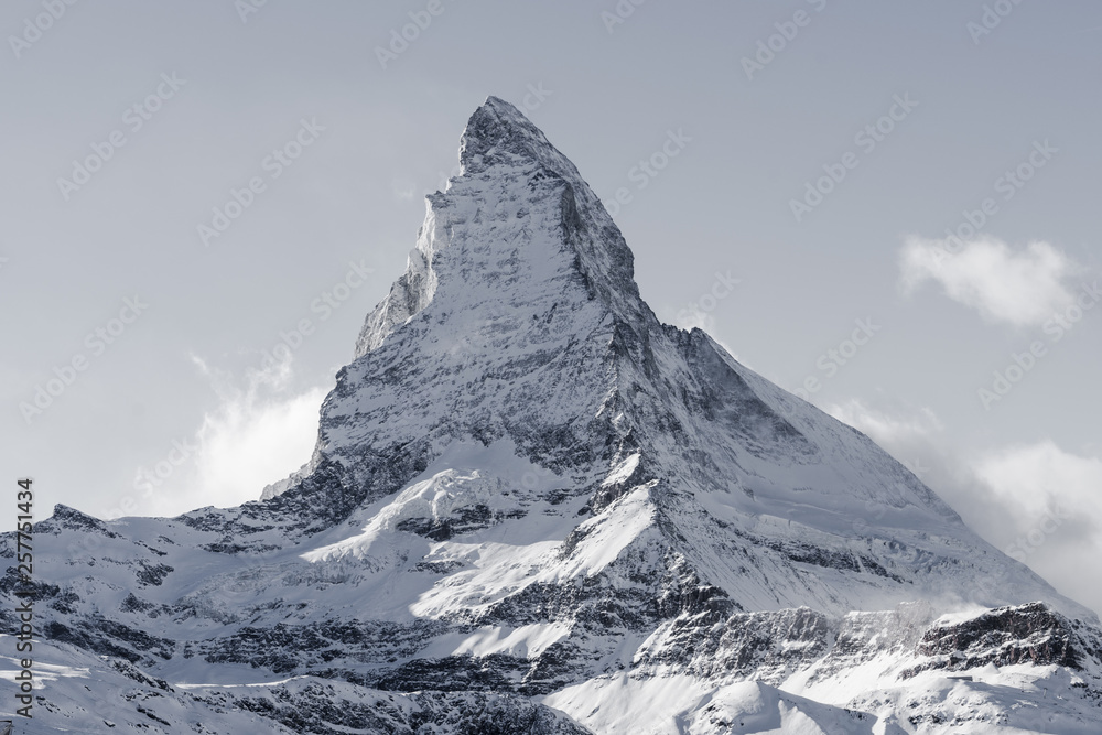 Stunning view of winter Matterhorn mountain landscape in sunny bright day