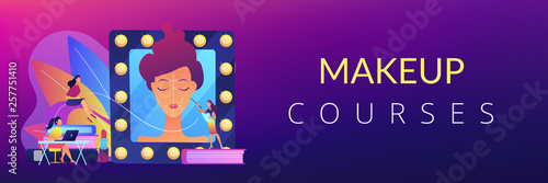 Students listening to teacher on training courses in professional makeup skills. Makeup courses, make up school, cosmetics masterclass concept. Header or footer banner template with copy space.