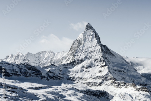 Stunning view of winter Matterhorn mountain landscape in sunny bright day