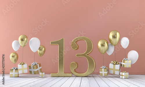 Canvas Print Number 13 birthday party composition with balloons and gift boxes
