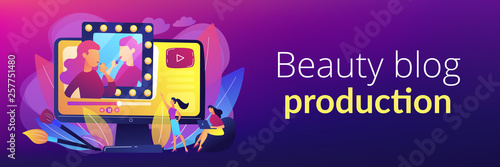 Female user watches beauty blogger showing latest trend makeup tutorial. Beauty blogger, beauty blog production, online beauty consultant concept. Header or footer banner template with copy space.