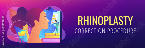 Plastic surgeon correcting the form of the woman nose for rhinoplasty. Rhinoplasty, nose correction procedure, surgical rhinoplasty concept. Header or footer banner template with copy space.