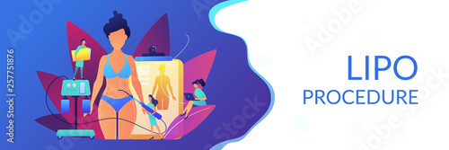 Plastic surgeon with a suction tube doing liposuction of woman marked body parts. Liposuction, lipo procedure, fat removal surgery concept. Header or footer banner template with copy space.