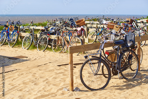 Canvas Print Bicycles parking on the sand coast of Scheveningen beach in Hague
