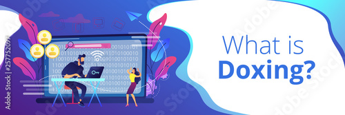 Hacker gathering target individuals sensitive data and making it public. Doxing, gathering online information, hacking exploit result concept. Header or footer banner template with copy space.