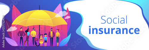 Individuals under umbrella protection against economic hazards. Social insurance, economic hazards risk, social security number concept. Header or footer banner template with copy space.
