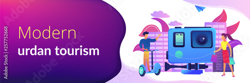 Businessman riding segway on the city tour, shopper and action camera. City segway tours, modern urban tourism, city tourist excursion concept. Header or footer banner template with copy space.