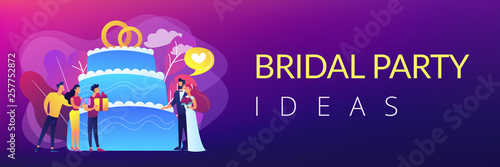 Bride and groom at wedding party and guests with gifts at big cake. Wedding party planning, bridal party ideas, bridesmaid dresses and gowns concept. Header or footer banner template with copy space.
