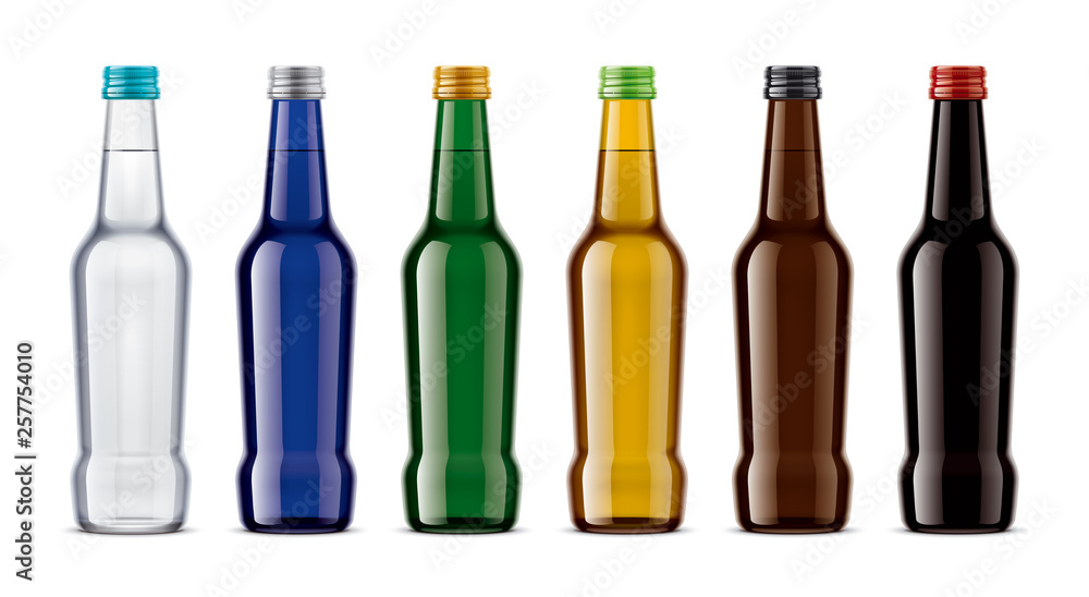 A set of colored glass bottles. A set of colored glass bottles.