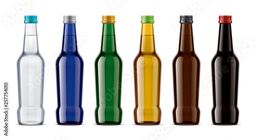 A set of colored glass bottles. 