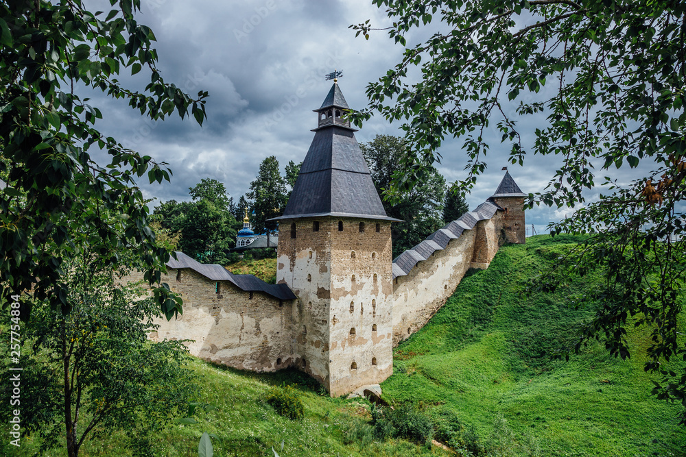 Old fortification walls of Holy Dormition Pskov-Caves Monastery in Pechory