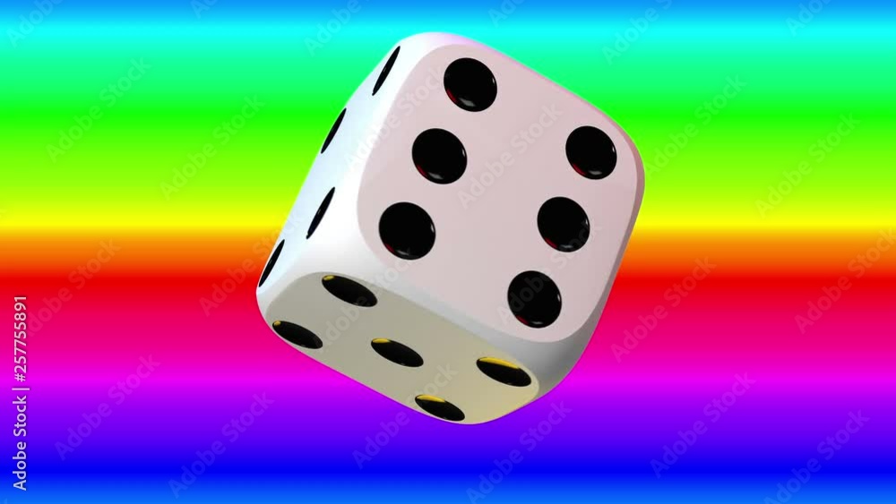 Close up on white playing dice, rotating on a banded background of many colors. Close up on white playing dice, rotating on a banded background of many colors.