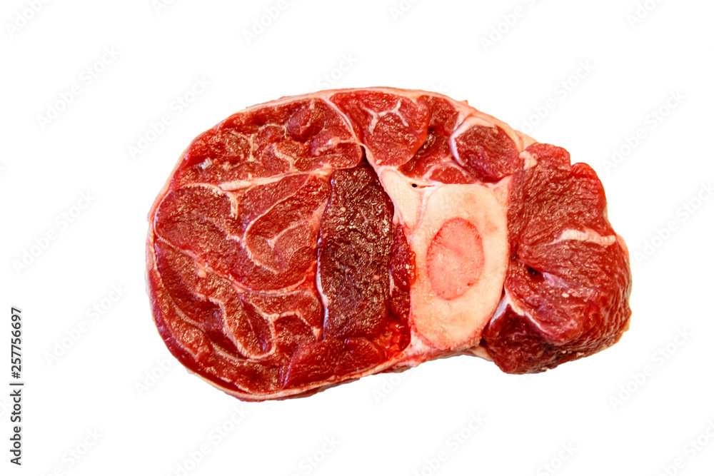Obraz premium Ossobuco raw marbled beef on white background, isolated.