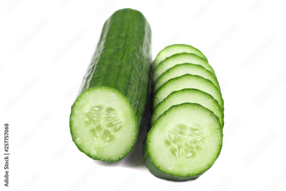 Fresh cucumber, chopped cucumber, isolated on white Fresh cucumber, chopped cucumber, isolated on white