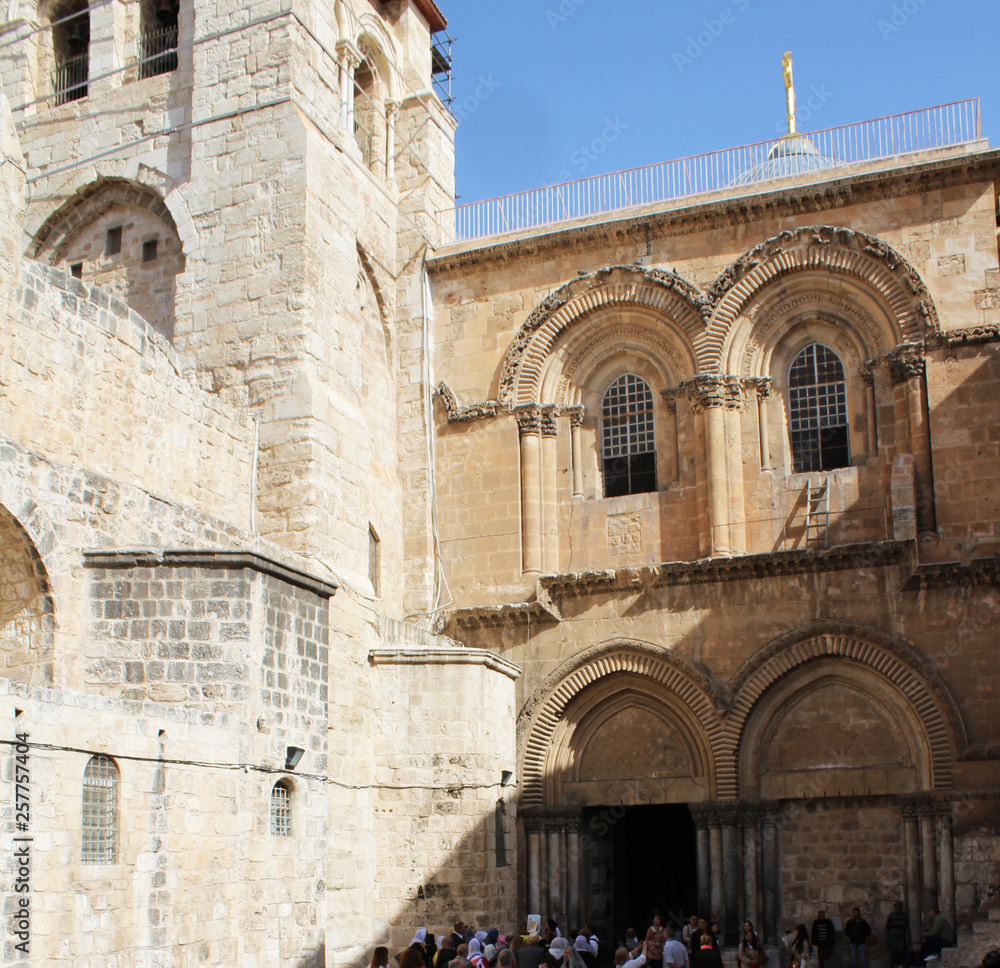 View on main entrance to The Church of The Holy Sepulchre, Via Dolorosa, Jerusalem