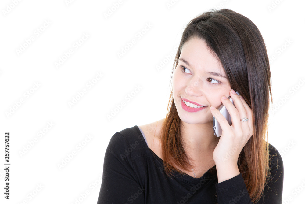 portrait of young happy pretty woman talking on mobile phone outside looking side portrait of young happy pretty woman talking on mobile phone outside looking side