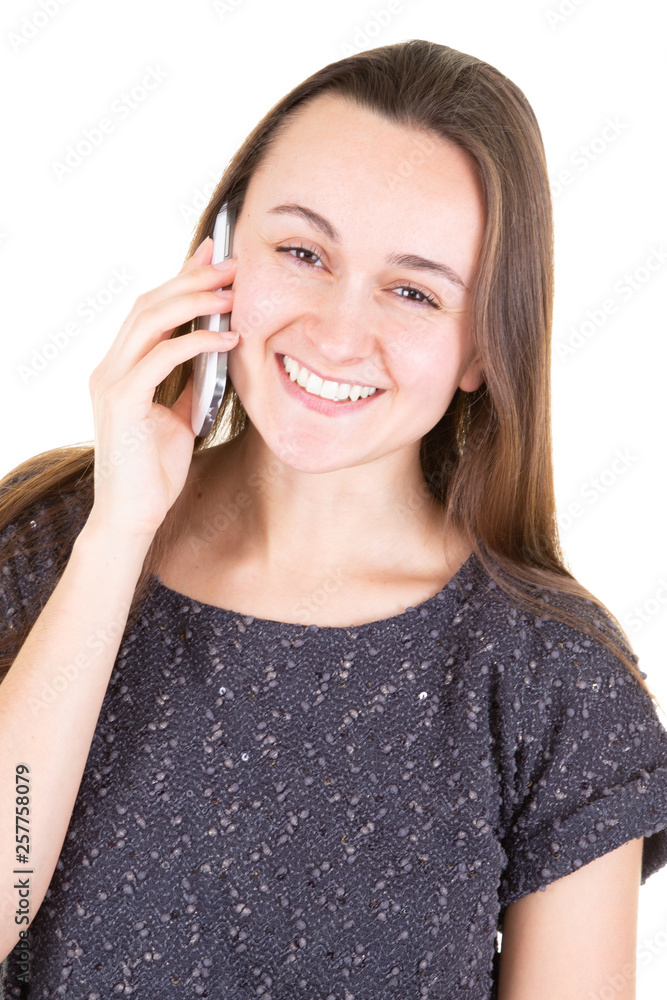 portrait of young happy woman talking on the phone portrait of young happy woman talking on the phone