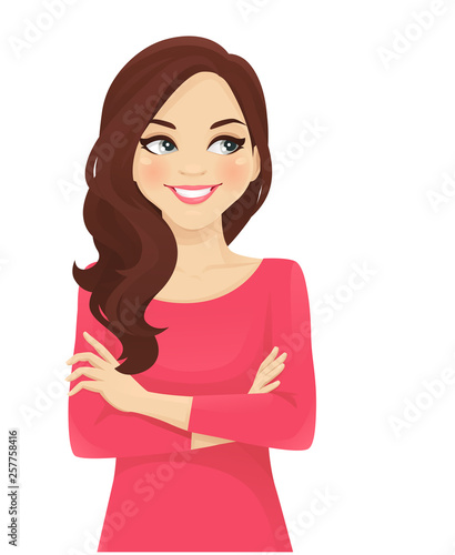 Smiling woman with crossed arms looking away isolated vector illustration