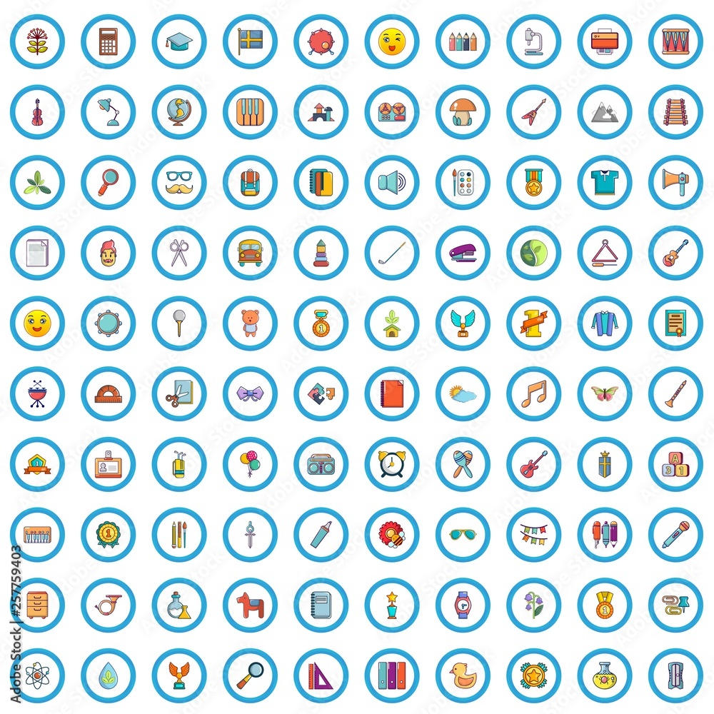 100 musical education icons set. Cartoon illustration of 100 musical education vector icons isolated on white background