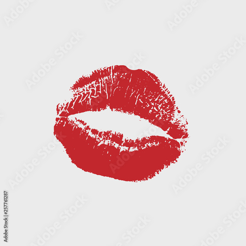 Vector illustration of womans girl red lipstick kiss mark isolated on white background. Valentines day icon, sign, symbol, clip art for design.