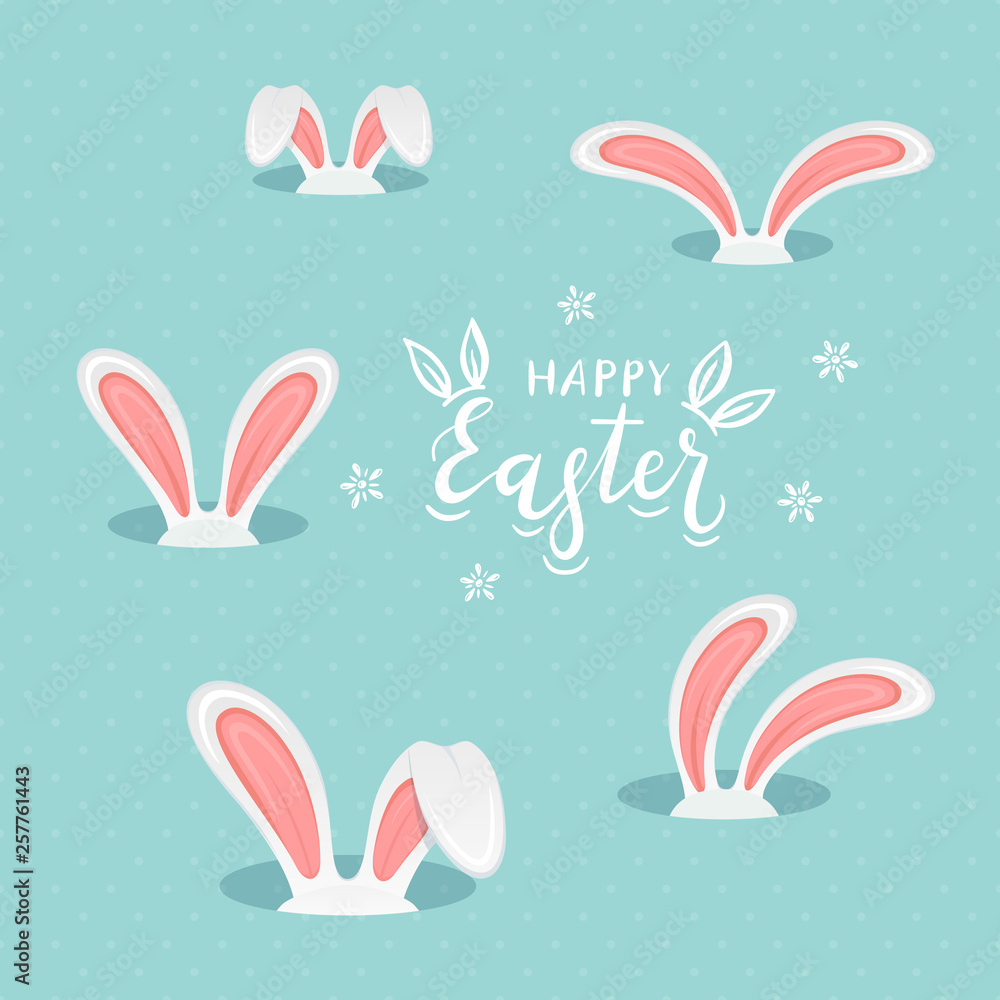 Fototapeta premium Lettering Happy Easter with Rabbit Ears on Blue Background