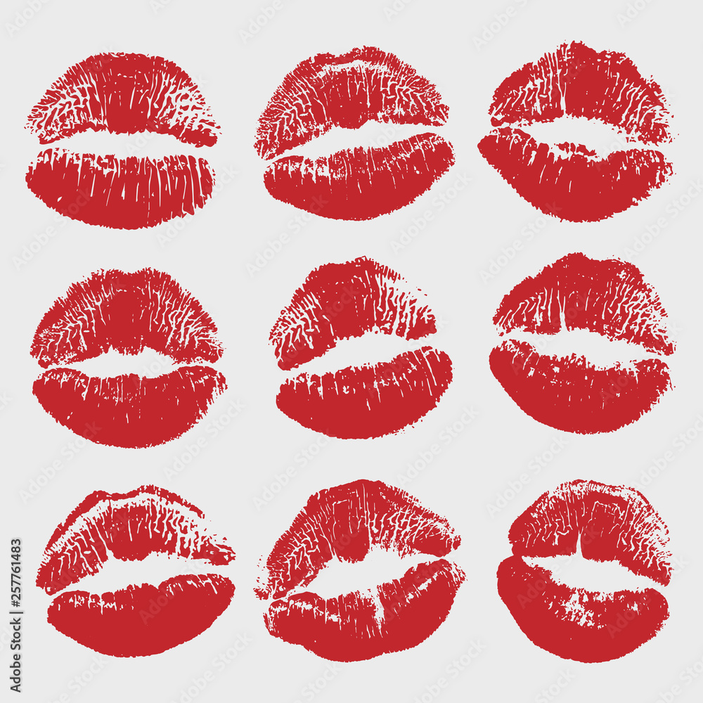 Print of red lips set. World kiss day, Valentine's day design elements. Vector illustration of womans girl red lipstick kiss mark isolated on white background. Print of red lips set. World kiss day, Valentine's day design elements. Vector illustration of womans girl red lipstick kiss mark isolated on white background.