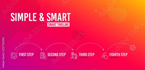Infographic timeline. Head, Heart rating and Discount icons simple set. Swipe up sign. Profile messages, Phone feedback, Sale shopping. Touch down. Business set. 4 steps layout. Line head icon. Vector