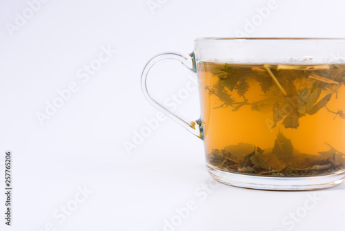 green herbal tea in a transparent cup isolated on white background