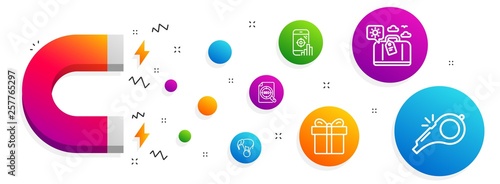 Magnet attracting. Seo file, Travel luggage and Seo phone icons simple set. Gift box, Elephant on ball and Whistle signs. Search document, Trip bag. Business set. Line seo file icon. Vector