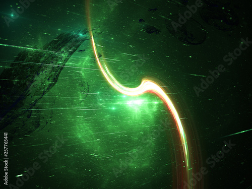 Stars and Green Nebula, Glowing Alien Object Moving Through Space at High Velocity - Starfield, stars and space dust scattered throughout the universe, burst of light, illustration, space travel