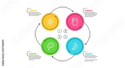 International globe, Waiting and Tea icons simple set. Infographic timeline. 3d chart sign. World networking, Service time, Glass mug. Presentation column. Business set. Cycle infographic. Vector