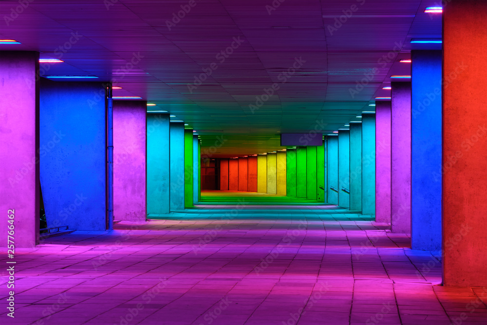 Colorful mulitcolord illuminated gallery tunnel near Museum Park, Rotterdam, The Netherlands - obrazy, fototapety, plakaty 