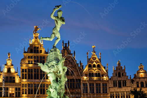 Antwerp Grote Markt with famous Brabo statue and fountain at night, Belgium photo