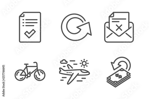 Approved checklist, Reject letter and Airplane travel icons simple set. Bicycle, Reload and Cashback signs. Accepted message, Delete mail. Business set. Line approved checklist icon. Editable stroke
