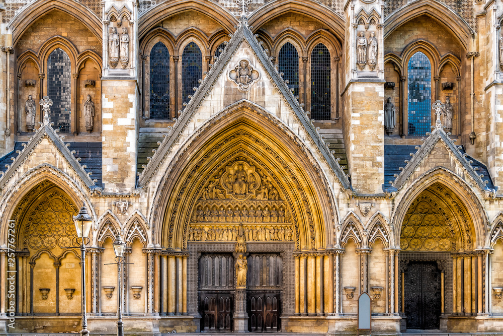 London, United Kingdom Westminster Abbey architecture closed large church doors facade exterior with nobody entrance